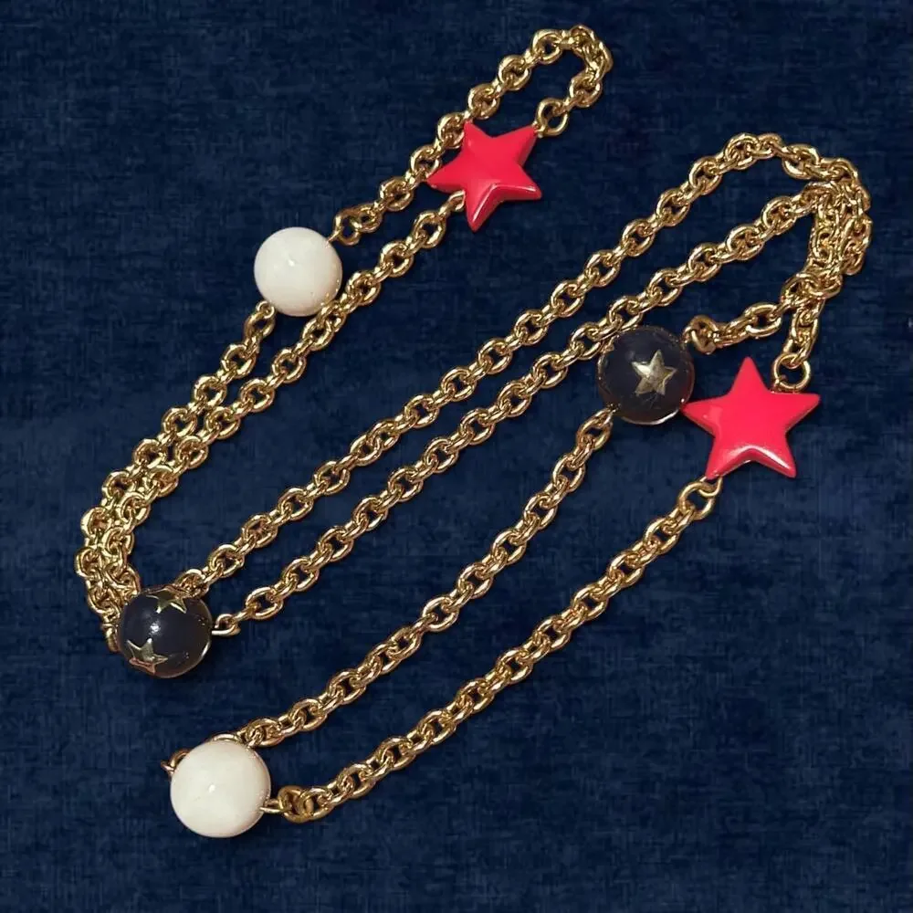 1970s Americana Star Red White Blue Statement Necklace 34” Patriotic Chain